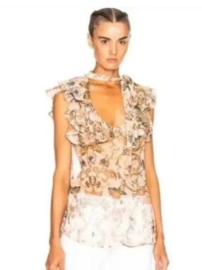 ZIMMERMANN Painted Heart Silk Ruffle Tie Neck Sleeveless Top Peach Tape Size 2=M
